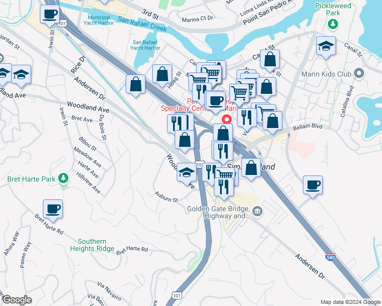 map of restaurants, bars, coffee shops, grocery stores, and more near in San Rafael