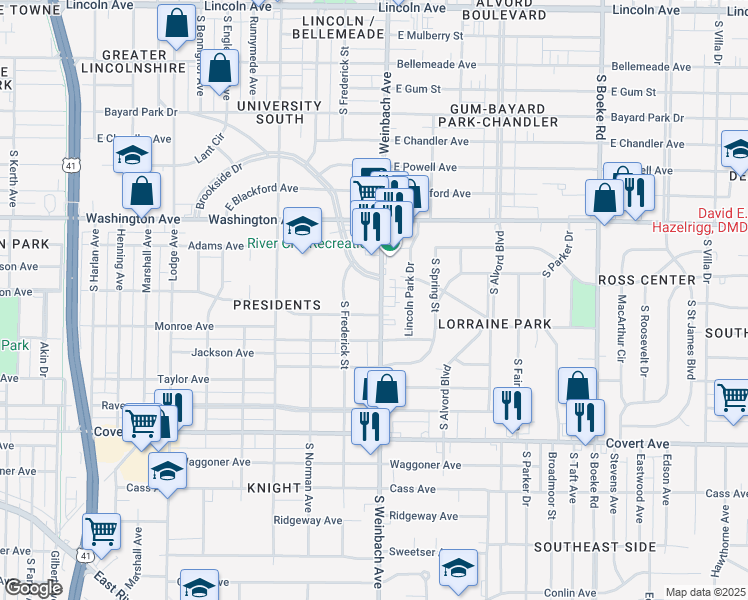 map of restaurants, bars, coffee shops, grocery stores, and more near in Evansville