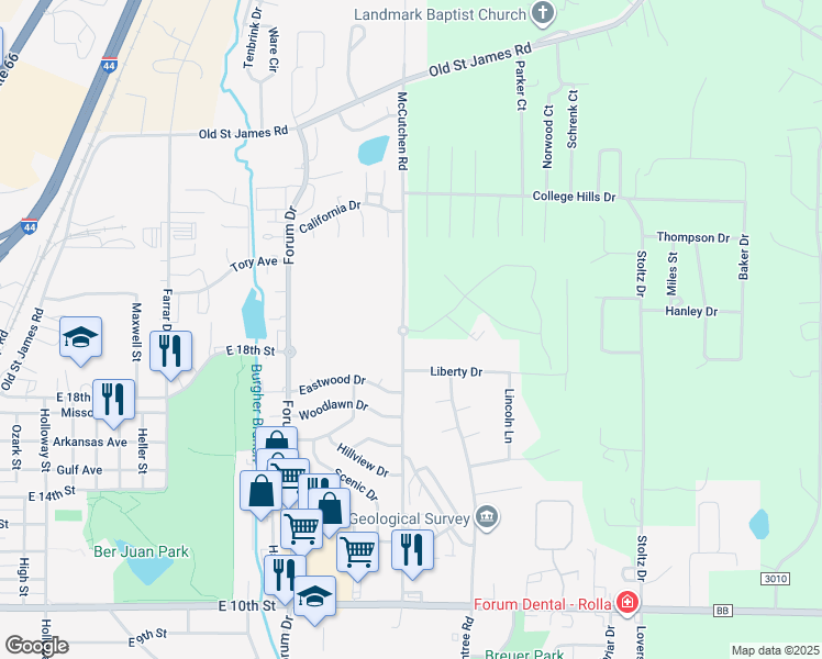 map of restaurants, bars, coffee shops, grocery stores, and more near 2001 McCutchen Road in Rolla