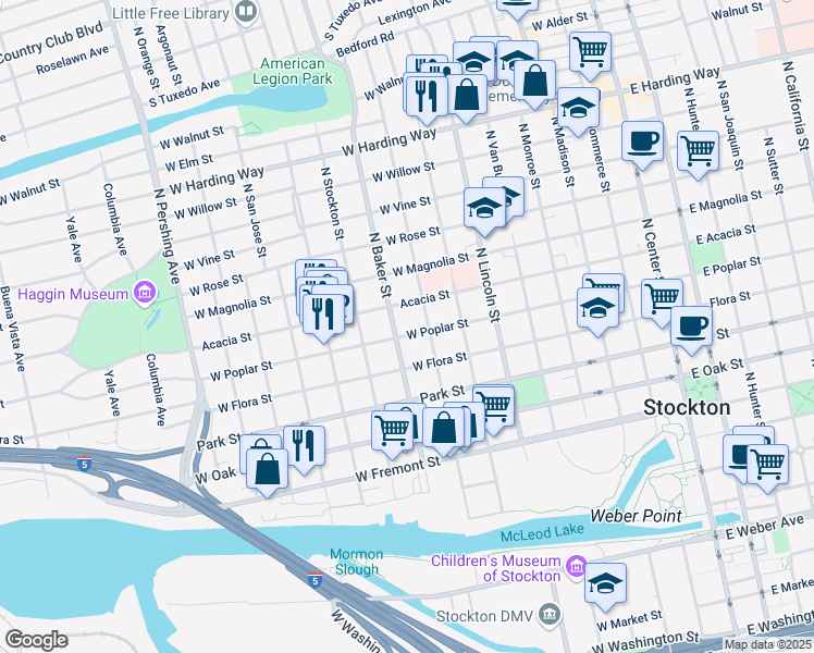 map of restaurants, bars, coffee shops, grocery stores, and more near 728 Acacia Street in Stockton