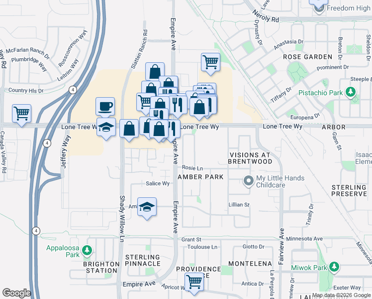 map of restaurants, bars, coffee shops, grocery stores, and more near 2320 Demartini Lane in Brentwood