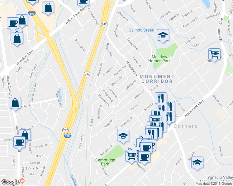 map of restaurants, bars, coffee shops, grocery stores, and more near 1290 Cypress Drive in Concord