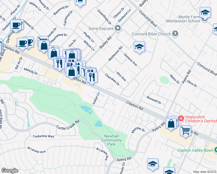 map of restaurants, bars, coffee shops, grocery stores, and more near 1533 Parkwood Place in Concord