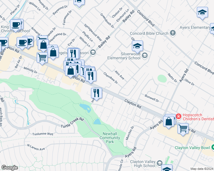 map of restaurants, bars, coffee shops, grocery stores, and more near 1533 Parkwood Place in Concord