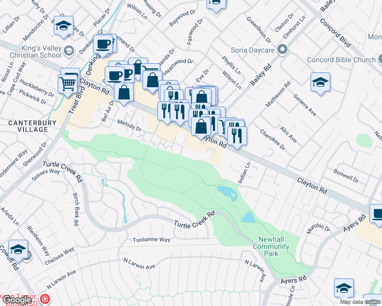 map of restaurants, bars, coffee shops, grocery stores, and more near 4672 Melody Drive in Concord