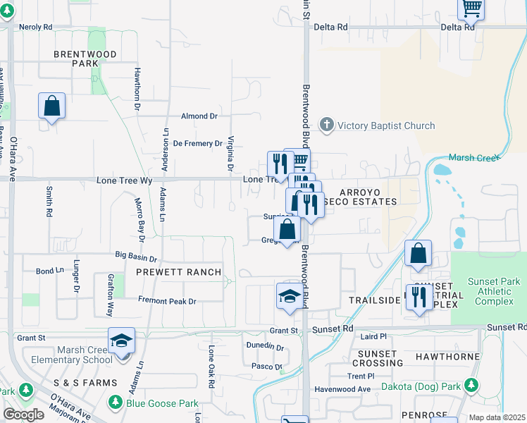 map of restaurants, bars, coffee shops, grocery stores, and more near 170 Sunrise Drive in Brentwood