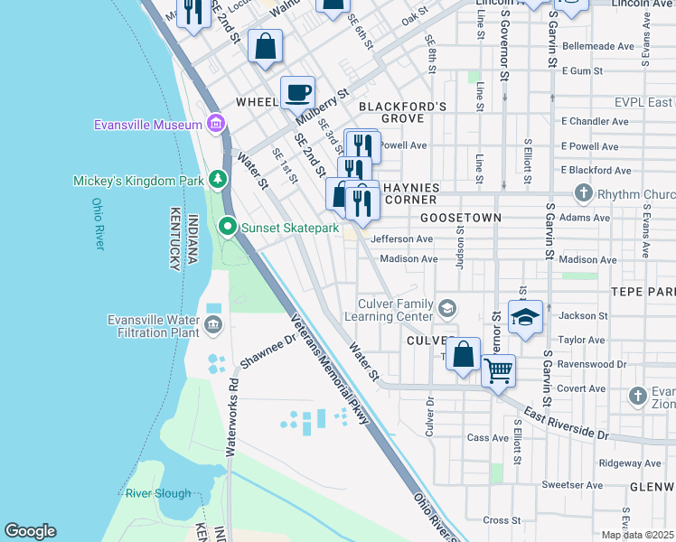 map of restaurants, bars, coffee shops, grocery stores, and more near 1208 Southeast 1st Street in Evansville