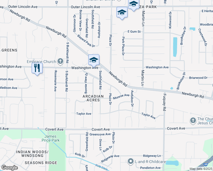 map of restaurants, bars, coffee shops, grocery stores, and more near 6831 Arcadian Highway in Evansville
