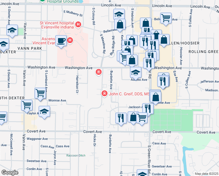 map of restaurants, bars, coffee shops, grocery stores, and more near 1141 Burdette Avenue in Evansville