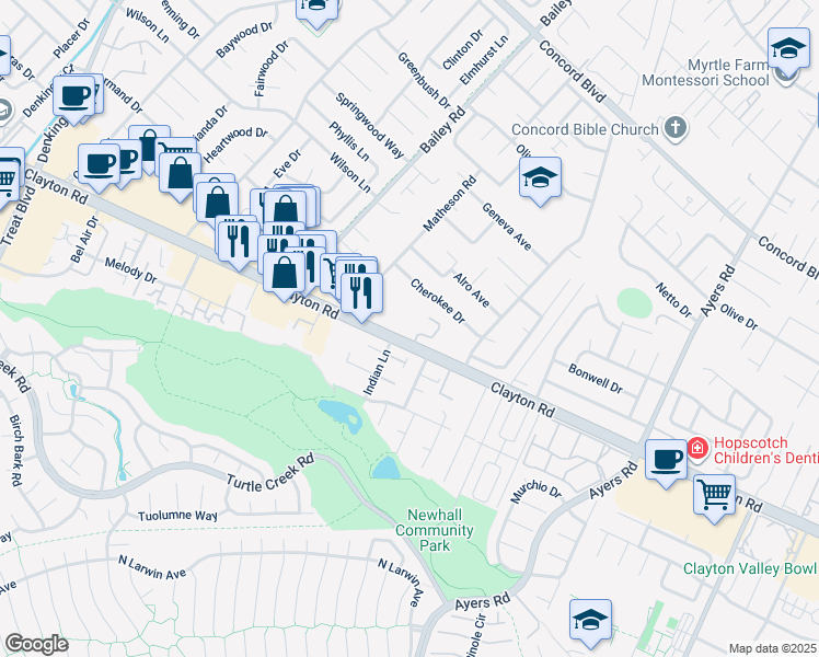 map of restaurants, bars, coffee shops, grocery stores, and more near 4819 Clayton Road in Concord
