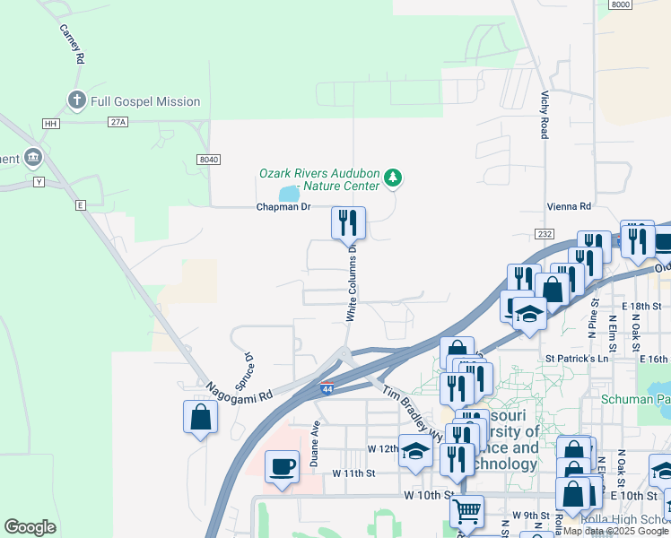 map of restaurants, bars, coffee shops, grocery stores, and more near 1853 White Columns Drive in Rolla