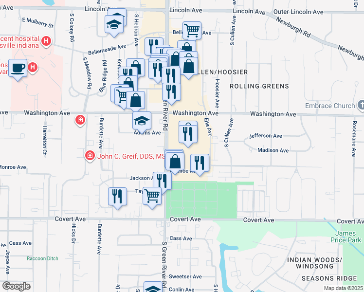 map of restaurants, bars, coffee shops, grocery stores, and more near 1208 Washington Square in Evansville