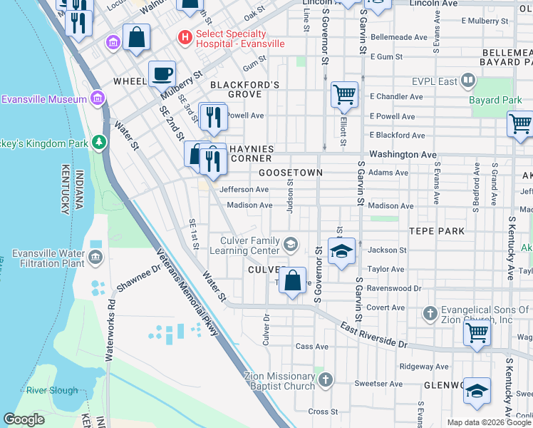 map of restaurants, bars, coffee shops, grocery stores, and more near 158-198 Madison Avenue in Evansville