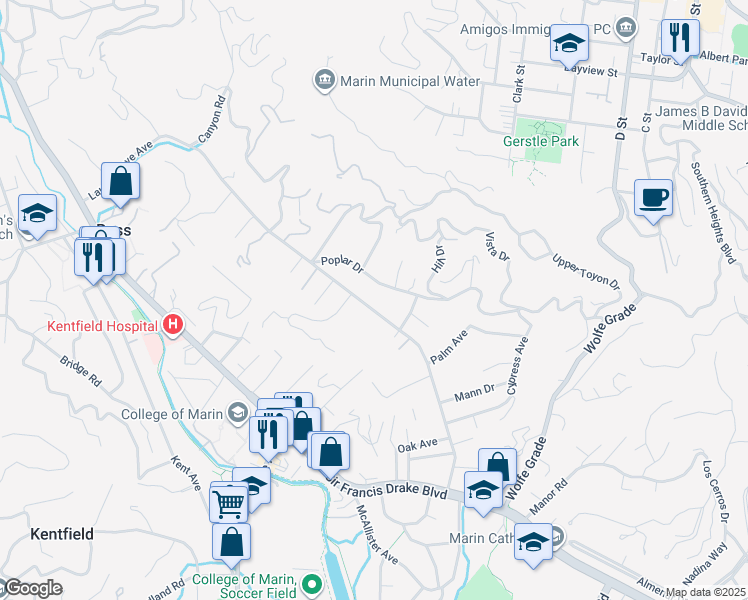 map of restaurants, bars, coffee shops, grocery stores, and more near 235 Poplar Drive in Kentfield