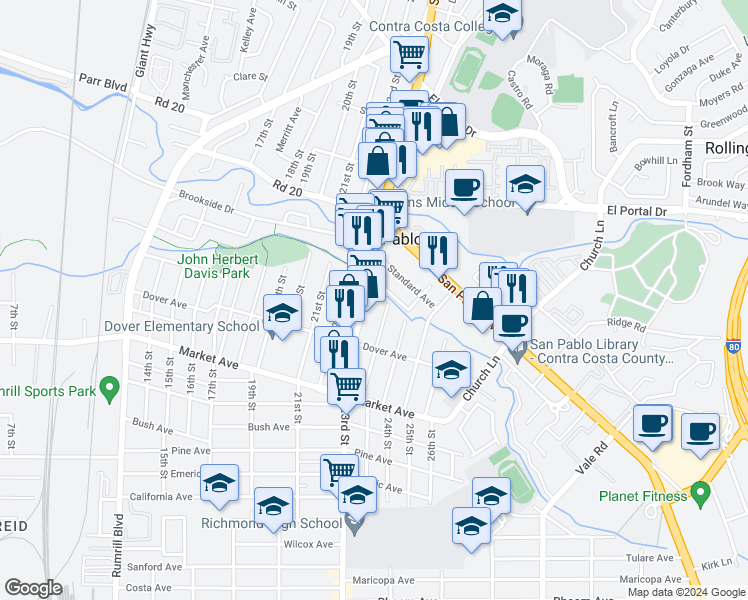 map of restaurants, bars, coffee shops, grocery stores, and more near 2006 23rd Street in San Pablo