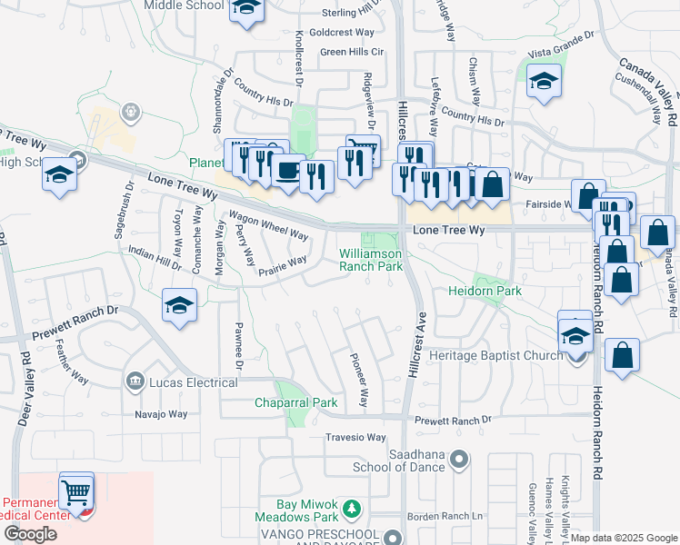 map of restaurants, bars, coffee shops, grocery stores, and more near 5147 Furlong Way in Antioch