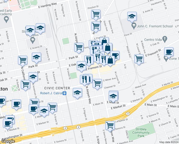 map of restaurants, bars, coffee shops, grocery stores, and more near 439 North Sierra Nevada Street in Stockton