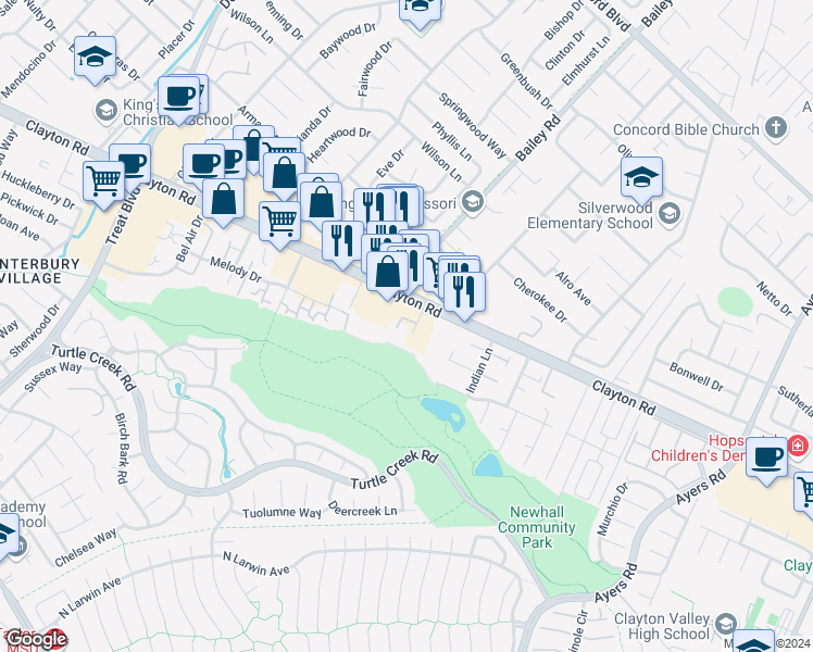 map of restaurants, bars, coffee shops, grocery stores, and more near 1455 Latour Lane in Concord