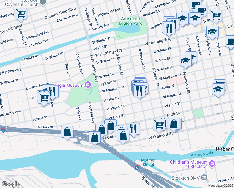map of restaurants, bars, coffee shops, grocery stores, and more near 1021 Argonaut Street in Stockton