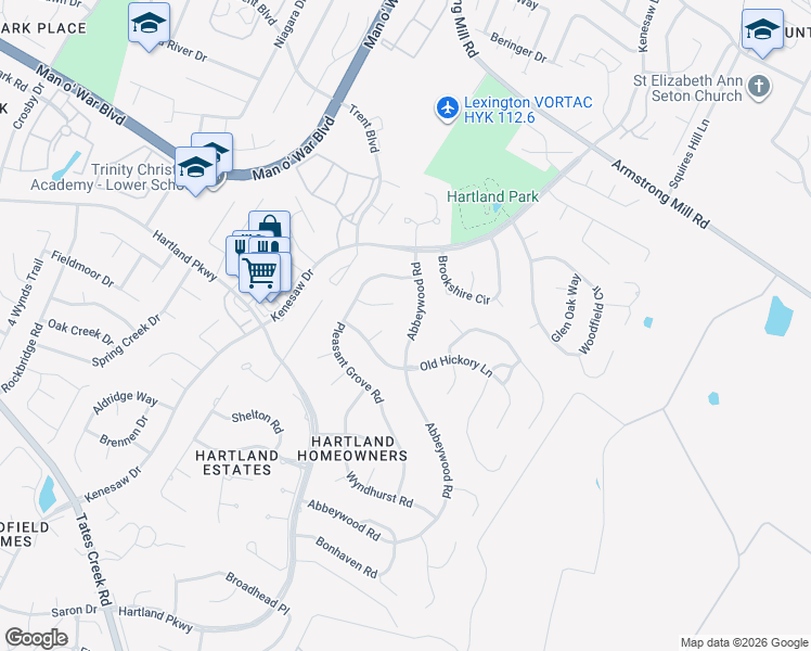 map of restaurants, bars, coffee shops, grocery stores, and more near 2361 Abbeywood Road in Lexington