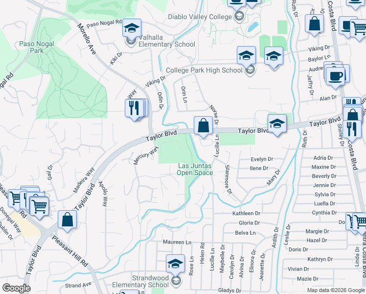 map of restaurants, bars, coffee shops, grocery stores, and more near 543 Tananger Heights Lane in Pleasant Hill
