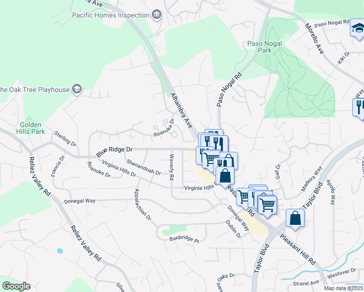 map of restaurants, bars, coffee shops, grocery stores, and more near 136 Blue Ridge Drive in Martinez