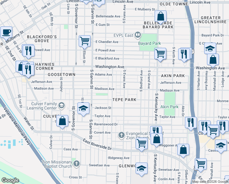 map of restaurants, bars, coffee shops, grocery stores, and more near 704 Madison Avenue in Evansville