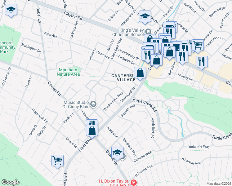 map of restaurants, bars, coffee shops, grocery stores, and more near 4205 Windermere Court in Concord