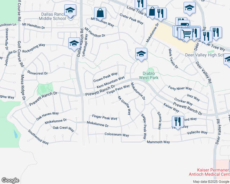 map of restaurants, bars, coffee shops, grocery stores, and more near 1896 Mount Goethe Way in Antioch