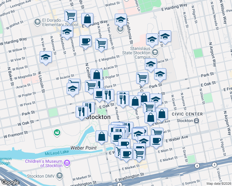 map of restaurants, bars, coffee shops, grocery stores, and more near in Stockton