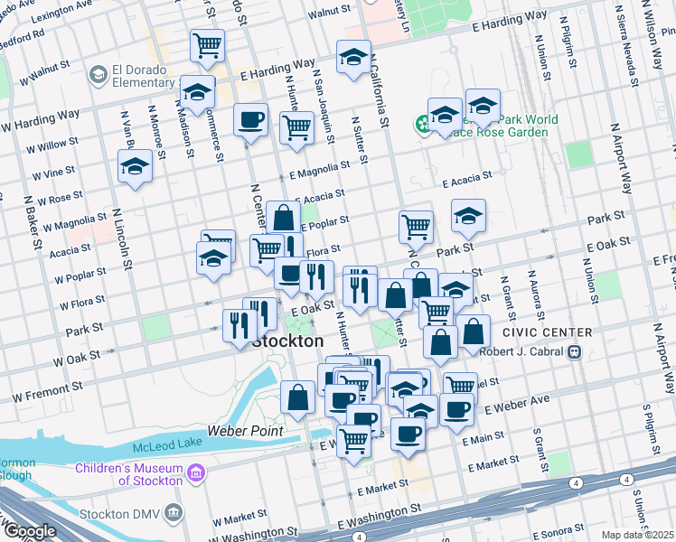 map of restaurants, bars, coffee shops, grocery stores, and more near 736 North Hunter Street in Stockton