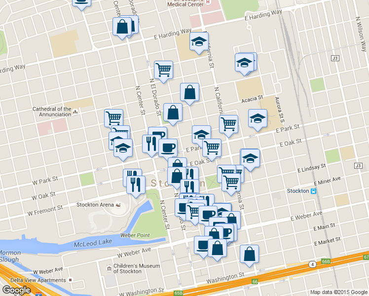 map of restaurants, bars, coffee shops, grocery stores, and more near 736 North Hunter Street in Stockton