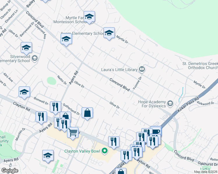map of restaurants, bars, coffee shops, grocery stores, and more near 5200 Concord Boulevard in Concord