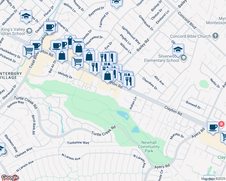 map of restaurants, bars, coffee shops, grocery stores, and more near 4746 Clayton Road in Concord