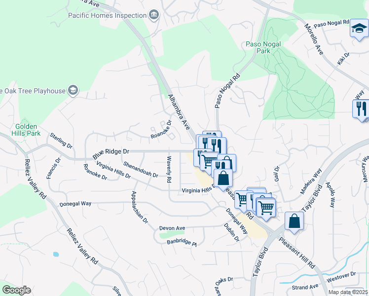 map of restaurants, bars, coffee shops, grocery stores, and more near 900 Roanoke Drive in Martinez
