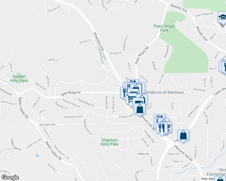 map of restaurants, bars, coffee shops, grocery stores, and more near 900 Roanoke Drive in Martinez