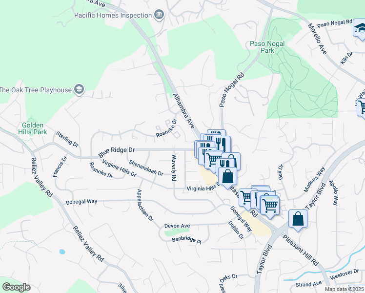 map of restaurants, bars, coffee shops, grocery stores, and more near 218 Oak Manor Plaza in Martinez