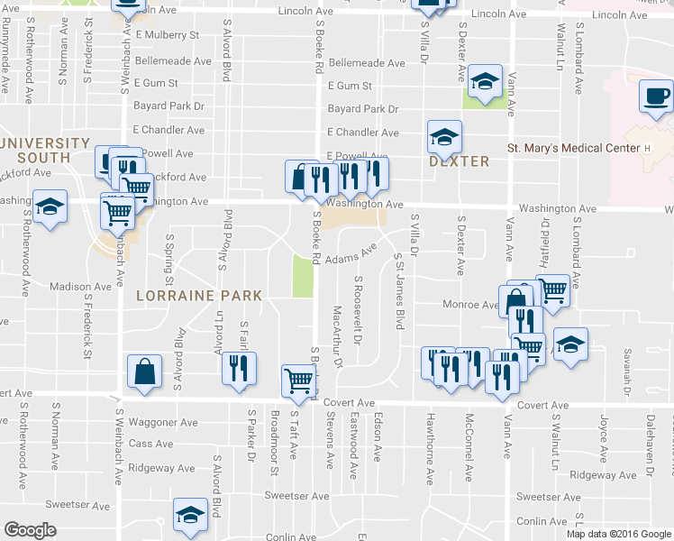 map of restaurants, bars, coffee shops, grocery stores, and more near 2505 Adams Avenue in Evansville