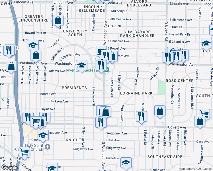 map of restaurants, bars, coffee shops, grocery stores, and more near in Evansville