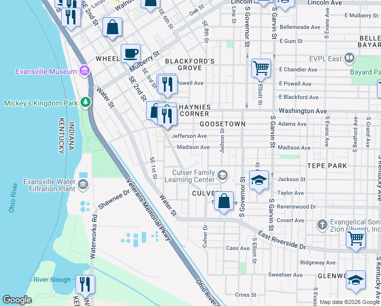 map of restaurants, bars, coffee shops, grocery stores, and more near 1165 Putnam Street in Evansville