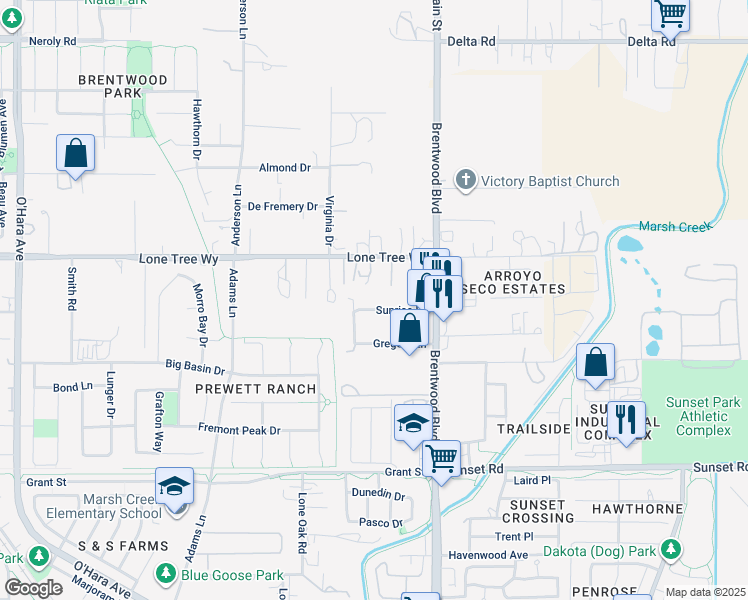 map of restaurants, bars, coffee shops, grocery stores, and more near 170 Sunrise Drive in Brentwood