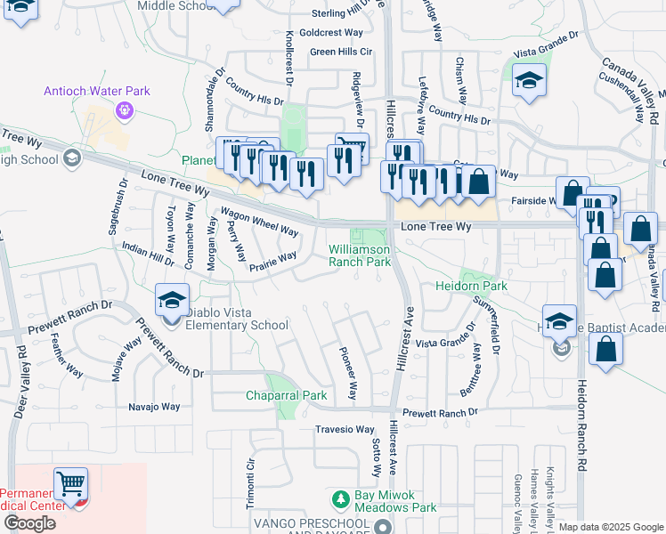 map of restaurants, bars, coffee shops, grocery stores, and more near 5159 Furlong Way in Antioch