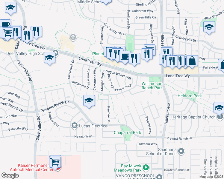 map of restaurants, bars, coffee shops, grocery stores, and more near 5052 Perry Way in Antioch