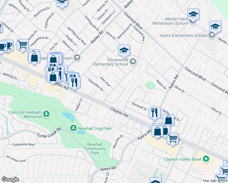 map of restaurants, bars, coffee shops, grocery stores, and more near 1548 Claycord Avenue in Concord