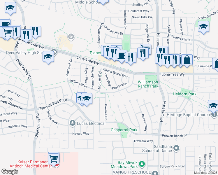 map of restaurants, bars, coffee shops, grocery stores, and more near 5052 Perry Way in Antioch