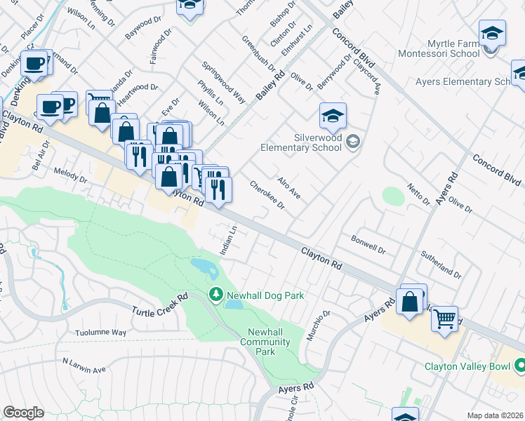 map of restaurants, bars, coffee shops, grocery stores, and more near 1547 Parkwood Place in Concord