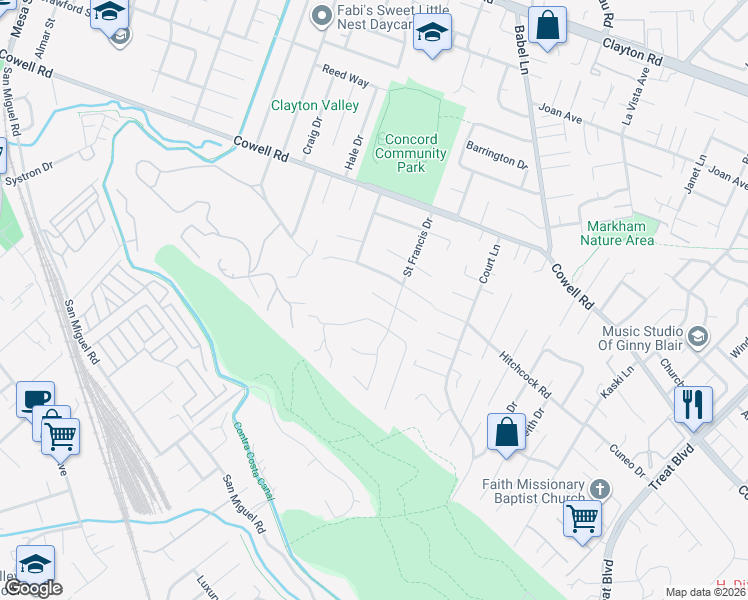 map of restaurants, bars, coffee shops, grocery stores, and more near 3686 Rosebrook Court in Concord
