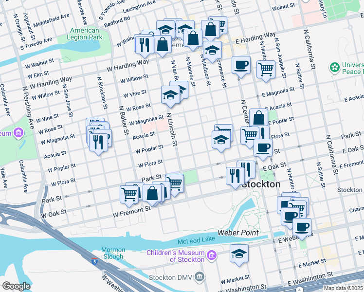 map of restaurants, bars, coffee shops, grocery stores, and more near 432 West Poplar Street in Stockton