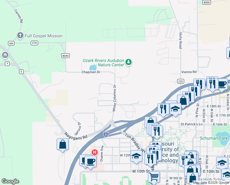 map of restaurants, bars, coffee shops, grocery stores, and more near 1857 White Columns Drive in Rolla