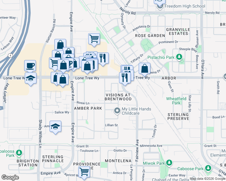 map of restaurants, bars, coffee shops, grocery stores, and more near 2412 Boulder Street in Brentwood